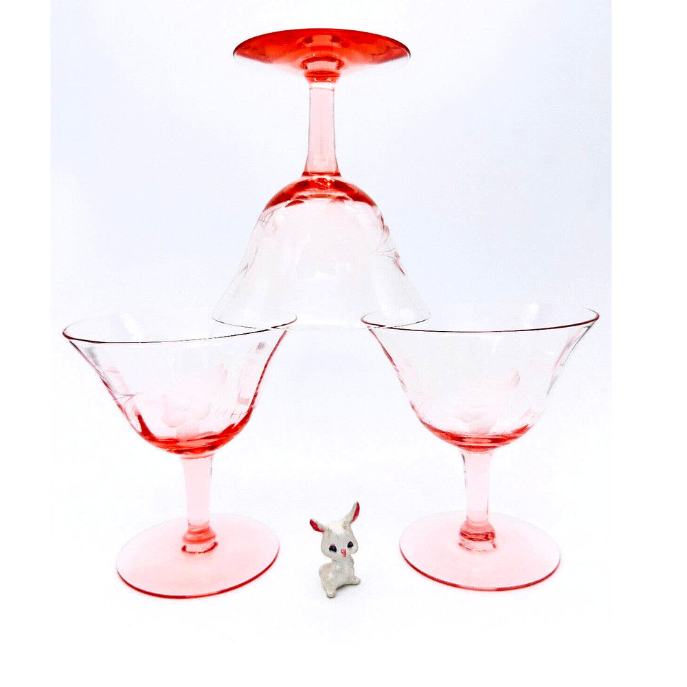 3 Pink Depression Glass Champagne Glasses Etched Floral Optic
